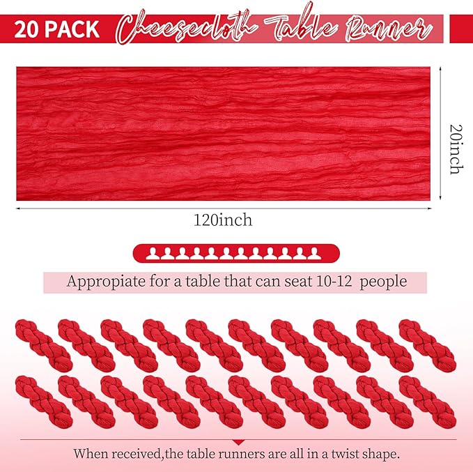 20 Pack Red Table Runner 10Ft Cheesecloth Table Runner Boho Gauze Table Runner Long Cheese Cloth Table Runner Romantic Sheer Fabric Table Runners for Wedding Party Bridal Shower