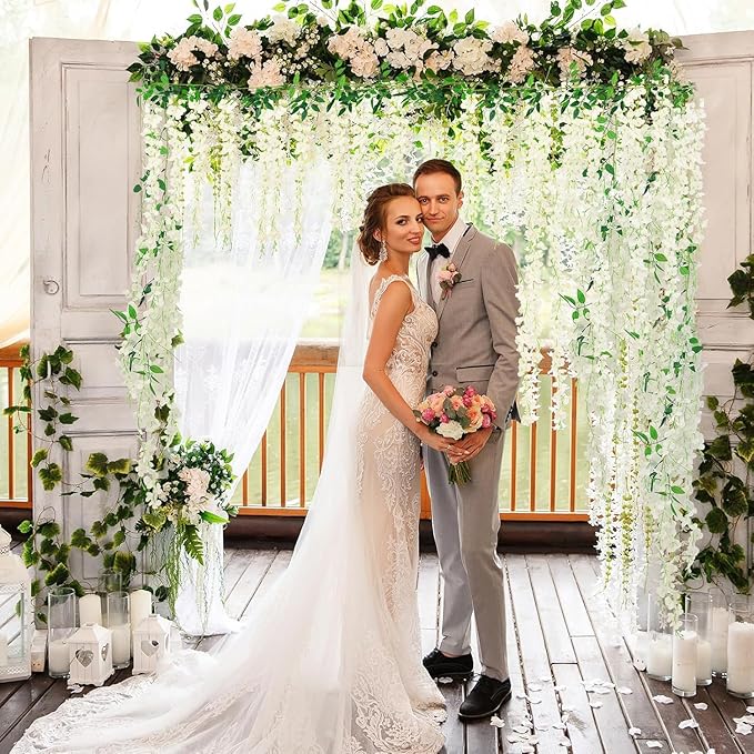 300 Branches Wisteria Hanging Flowers,20Pcs Total 120ft White Wisteria Artificial Flowers Garland Vine Silk Hanging Flowers for Wedding Party Arch Ceremony Garden Home Backdrop Decor