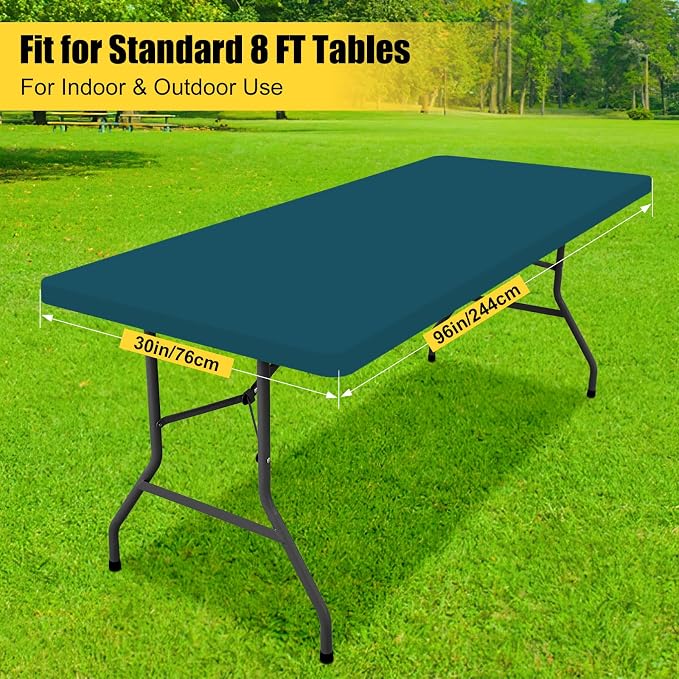 Smiry 3 Pack Rectangle Table Cloth, Elastic Fitted Flannel Backed Vinyl Tablecloths for 8ft Folding Tables, Waterproof Wipeable Table Covers for Outdoor, Camping and Picnic (Peacock Blue, 30"x96")