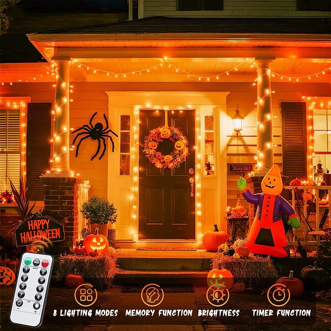 JMEXSUSS 33FT 100 LED Orange Lights for Halloween, Battery Operated Halloween Lights Outdoor Indoor, 8 Modes Remote String Lights for Yard Tree Front Porch Room House Fence Xmas Decor