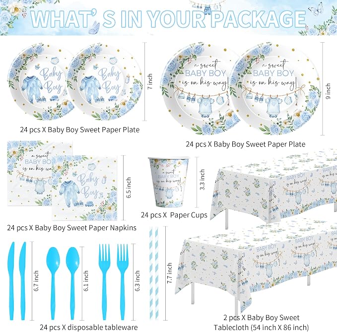 Baby Shower Decorations Boy, Blue Baby Boy Shower Party Supplies | Plate, Napkin, Cup, Tablecloth, Backdrop, Banner, Swirls, Topper, Balloons, Cutlery, All Packages in Gift Box for 24 Guests