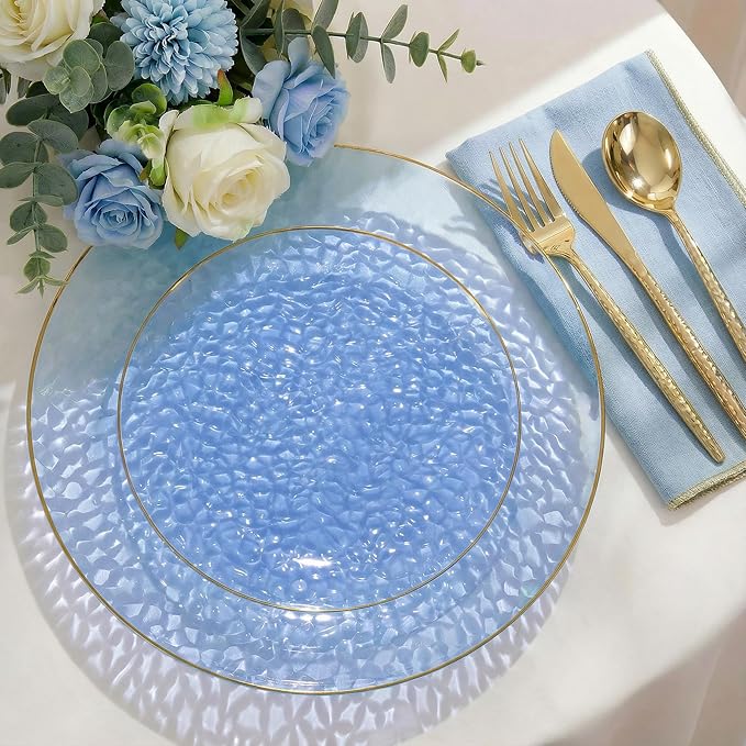 I00000 150Pcs Clear Blue Plastic Plates with Gold Rim,Blue Disposable Plates,Clear Hammer Patterned Disposable plates Set include 30 Dinner Plate,30 Dessert Plate,90 plastic Silverware Set for Party