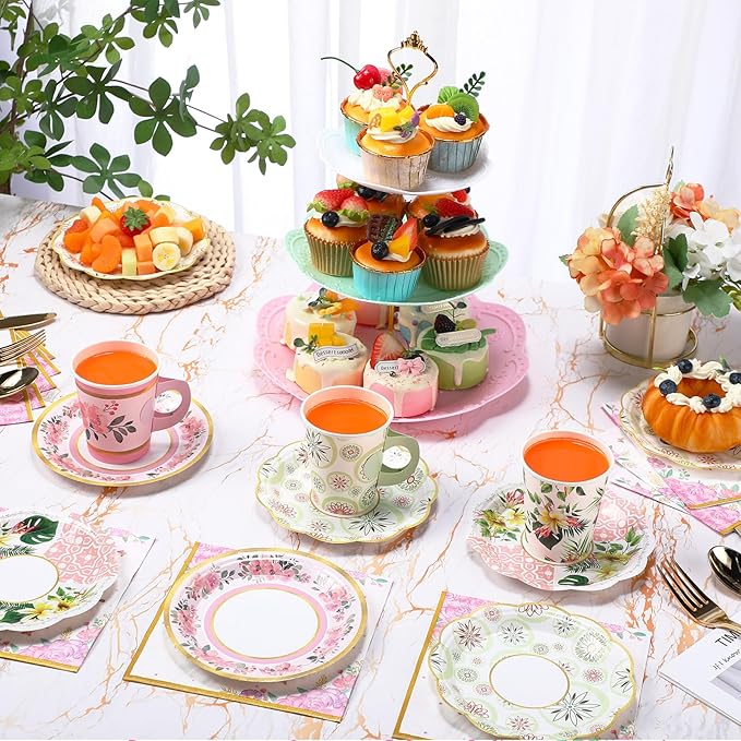 Layhit 83 Pcs Disposable Tea Party Set with 3 Tier Cake Stand Vintage Floral Paper Cups Plates Napkins Cutlery for Women Girls Birthday Baby Shower Bridal Shower Tea(Classic)