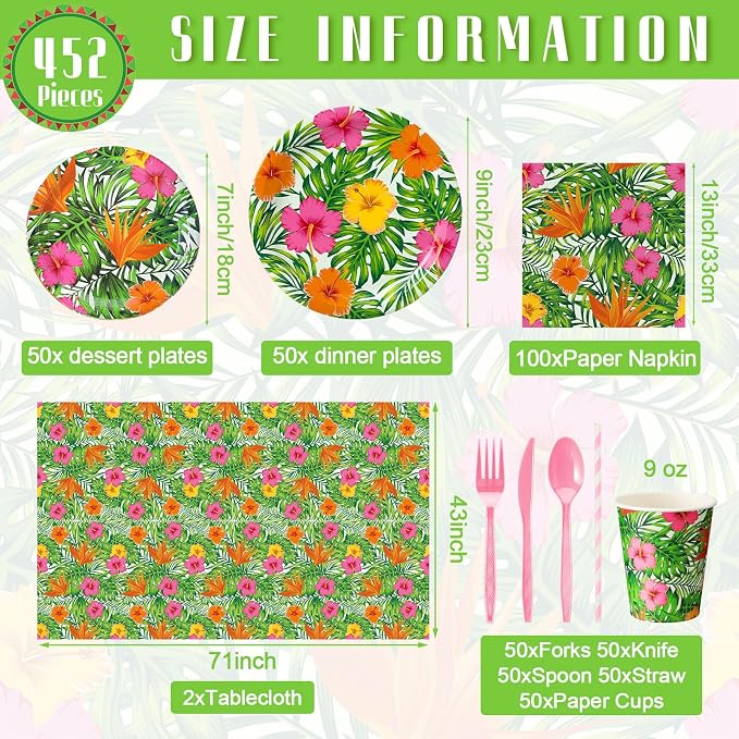 Vesici 452 Pcs Tropical Luau Party Supplies Set for 50 Guests Include 9'' 7'' Paper Plates Napkins Tablecloths 9 oz Cups Forks Spoons Straws for Hawaiian Hibiscus Flower Summer Birthday Decoration