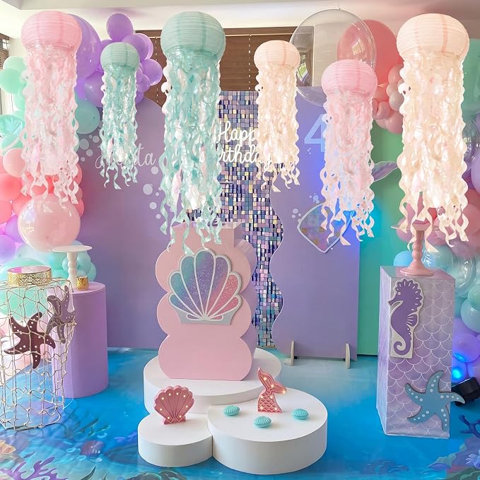 Junkin Mermaid Party Decorations Large Hanging Jellyfish Paper Lanterns 32'' Jellyfish Ornaments with Hooks Rope for Under The Sea Birthday Baby Shower Ocean Party Classroom Beach Room Decor
