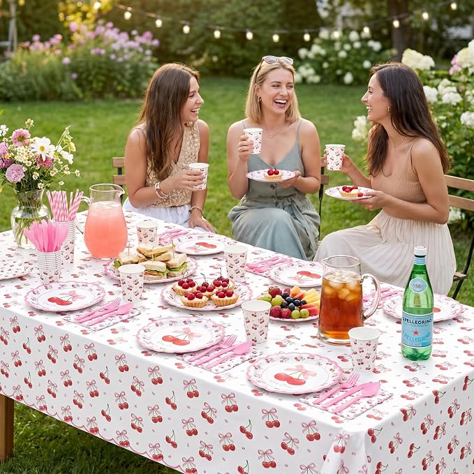 Vesici 452 Pcs Cherry Birthday Party Supplies Pink Cherry Bow Disposable Tableware Set Includes Plates Cups Napkins Tablecloth and Cutlery for Girls Baby Shower Bridal Shower Wedding, Serve 50 Guests
