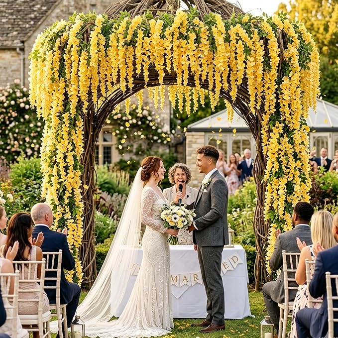 Artificial Wisteria Hanging Flowers Fake Wisteria Flower Garland Silk Vines Rattan Decor for Home Wedding Arch Wall Garden Greenery Bedroom Outdoor Office Party Decoration (24, Yellow)