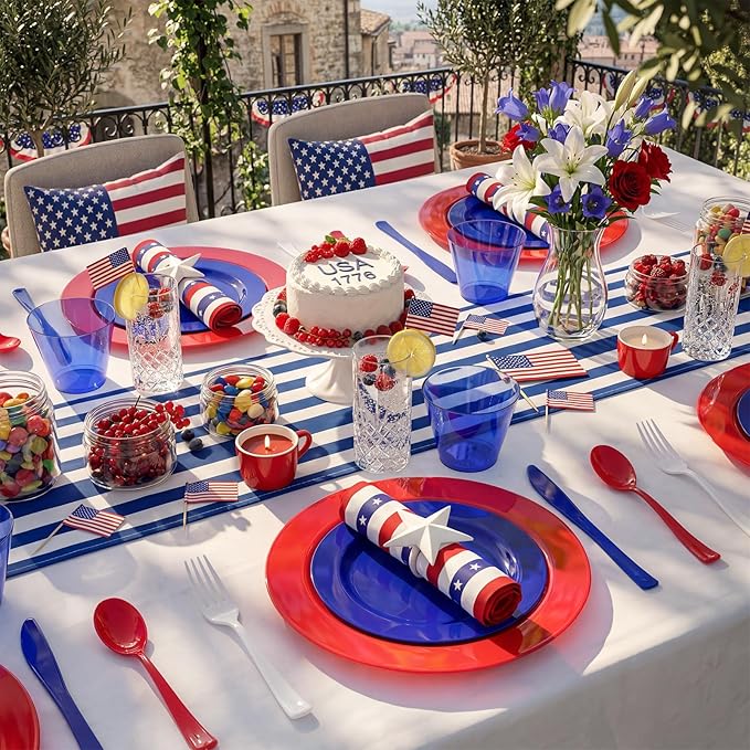 KIRE 150PCS 4th of July Plates & Red White Blue Disposable Plastic Silverware &Clear Blue Cups-American Flag Patriotic Party Supplies for Celebration Activities,Independence Day, Memorial Day