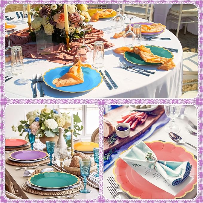 48 Pcs Boho Rainbow Paper Plates 9 Inch Colorful Scalloped Paper Plates Disposable Dinner Dessert for Birthday Wedding Bridal Party Supplies, 6 Colors