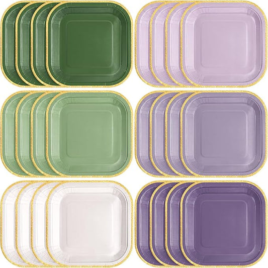 60 Pcs Sage Green Purple Paper Plates 7 Inch Gradient Disposable Square Dessert Party Plates with Gold Edge for Birthday Wedding Bridal Baby Shower Party Supplies, 6 Colors