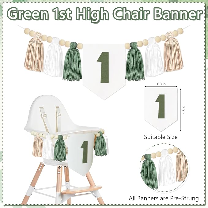 THAWAY 1st Birthday Decorations Boy, White Green First Birthday Becorations for Boy with Banner, Tassel Wood Bead High Chair Banner, Hat and Wood Cake Topper for One Year Old Party Decor