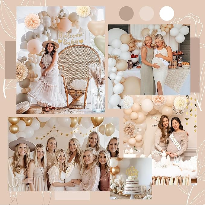 Baby Shower Decorations-Beige Cream Boho Neutral Balloons,Neutral Gender Reveal Party Supplies Welcome Baby Banner Paper Pom Poms Tassels,Cake Topper Star Decor for Baby Shower Decorations