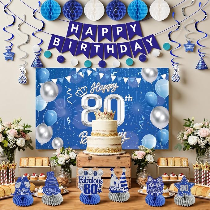 Happy 80th Birthday Party Decoration: Including Birthday Banner Backdrop, Party Table Centerpieces and Hanging Swirl Party Streamers, Birthday Decor for Men and Women (Blue, 80th Birthday)