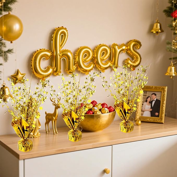 12 Pcs Metallic Foil Spray Centerpiece Party Star Table Decoration Brust Glitter Table Topper Decor for Birthday Graduation Holiday Christmas Dining Celebration New Year Party Supplies, Gold