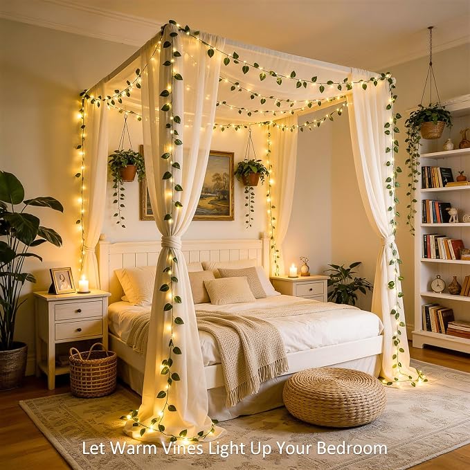 JMEXSUSS 33 FT 100 LED Vines with Lights USB/Battery Operated, Pothos Vines with Fairy Lights with Remote, Fake Leaf Lights for Bedroom Classroom Wall Dorm Wedding Decor (Warm White)