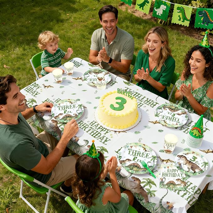 170Pcs Dinosaur 3rd Birthday Party Supplies Three Rex Dinosaur Plates Napkins Cups Forks Knives Spoons Tablecloths Watercolor 3 Rex Tableware Set for Boy Dino 3 Year Old Birthday Decorations Serves 24