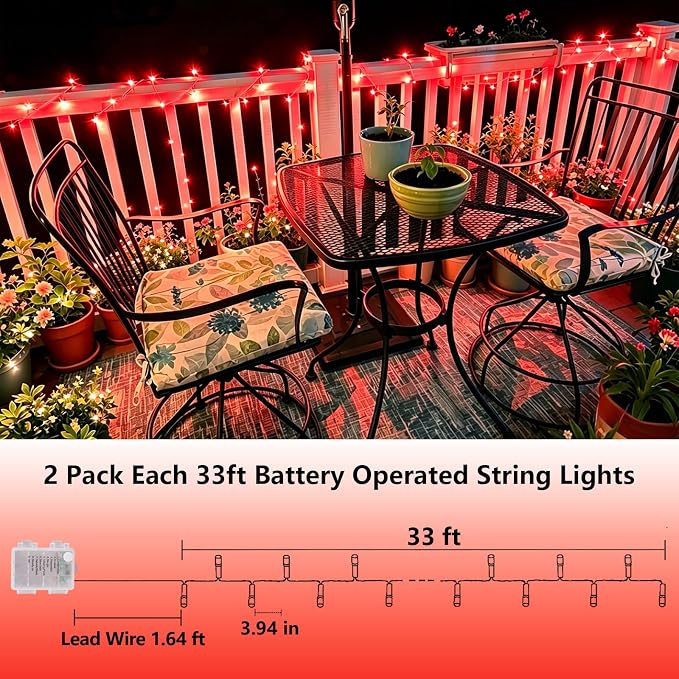 YEGUO Battery Operated String Lights, 2 Pack Each 33ft 100 LED Twinkle Fairy Lights Outdoor Waterproof, 8 Modes Clear Wire Red Christmas Lights Indoor with Remote