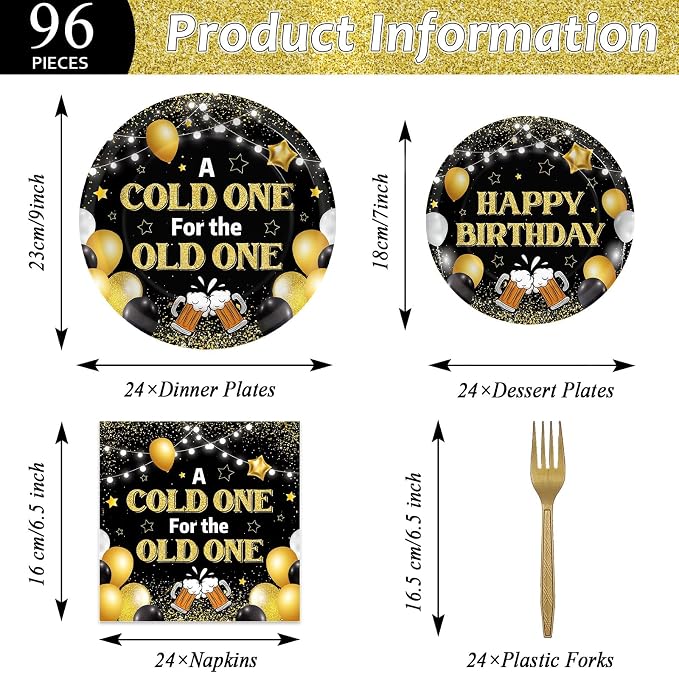 96 Pcs A Cold One for The Old One Party Decorations Black Gold Tableware Set for Men Party Favor Cheers Birthday Party Plates and Napkins for 30th 40th 50th Dinnerware Supplies for 24 Guests