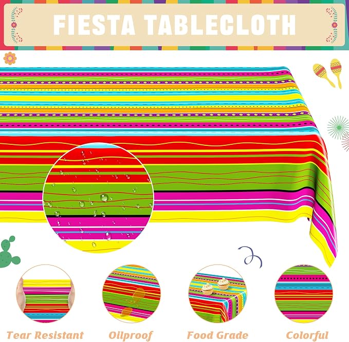 122 Pcs Cinco De Mayo Napkins and Plates, Disposable Dinnerware Fiesta Paper Plates and Napkins Sets for 30 Guests, Colorful Plastic Fork Mexican Stripes Tablecloth for Taco Birthday Party Favors
