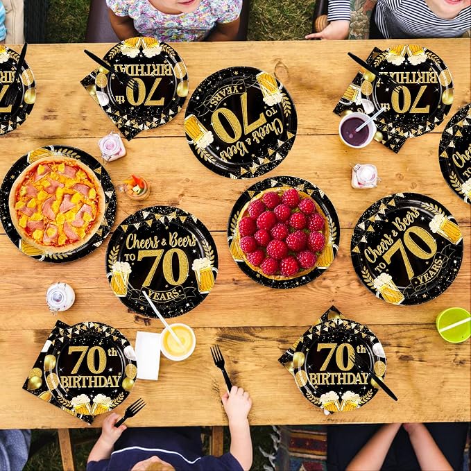 96Pcs 70th Birthday Party Supplies Black Gold Plates and Napkins Tableware Sets Cheers and Beers to 70 Years Decorations Favors for Men Women 70 Years Old Birthday Dinner Holiday Party Serves 24