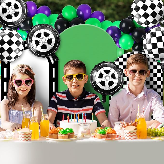 Foilswirl 34 Pcs Arch Backdrop Covers Monster Truck Party Decorations 4ft 5ft 6ft Monster Truck Checkered Backdrop with Green Purple Black Balloon Backgrounds for Birthday Party Supplies