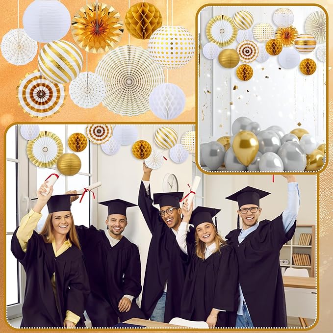 Retisee 18 Pcs Metallic Gold Party Decorations Kit Hanging Metallic Gold Paper Lanterns Paper Fans Honeycomb Balls for Birthday Anniversary Celebration Wedding Graduation Decoration Supplies