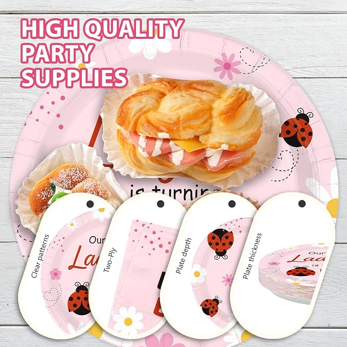96 Pcs Ladybug 1st Birthday Decorations Pink Bug Plates and Napkins Disposable Tableware Set Cute Bug First Birthday Decoration for One Year Old Girls Ladybug Theme Birthdays Party Supplies Serves 24