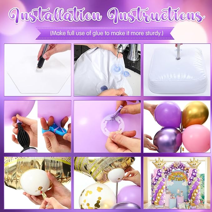 2 Sets Princess Balloon Column Stand Kit with Crown Exploding Star Foil Balloon Purple and Gold Balloons Arch Garland for Princess Birthday Wedding Baby Shower Decorations Party Supplies