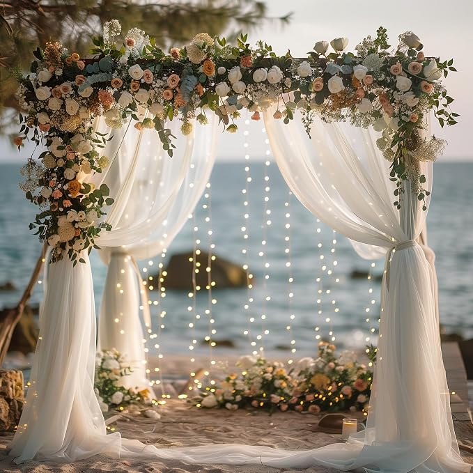 Fomcet Tulle Backdrop Curtains White 30FT X 8FT Tulle Curtains with Lights String Sheer Backdrop Curtain for Parties Wedding Baby Shower Photo Shoot Decorations (6 Panels 5 x 8FT)