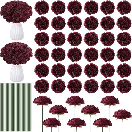 Thiccywoov 200 Pcs Flowers Long Stem Artificial Rose Bulk, 3.2 Inches Silk Rose Head Flowers Faux for Wedding Bridal Bouquet Independence Day Home Floral DIY Centerpieces Party Decoration(Burgundy)
