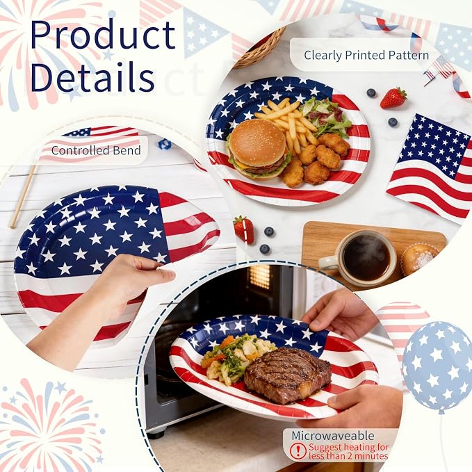 100 Pcs 4th of July Patriotic Paper Plates and Napkins Set Heavy Duty,12"x10" Large Red White Blue Oval Disposable Tableware Set for Veterans Election Day Independence Day American Flag Party Decor