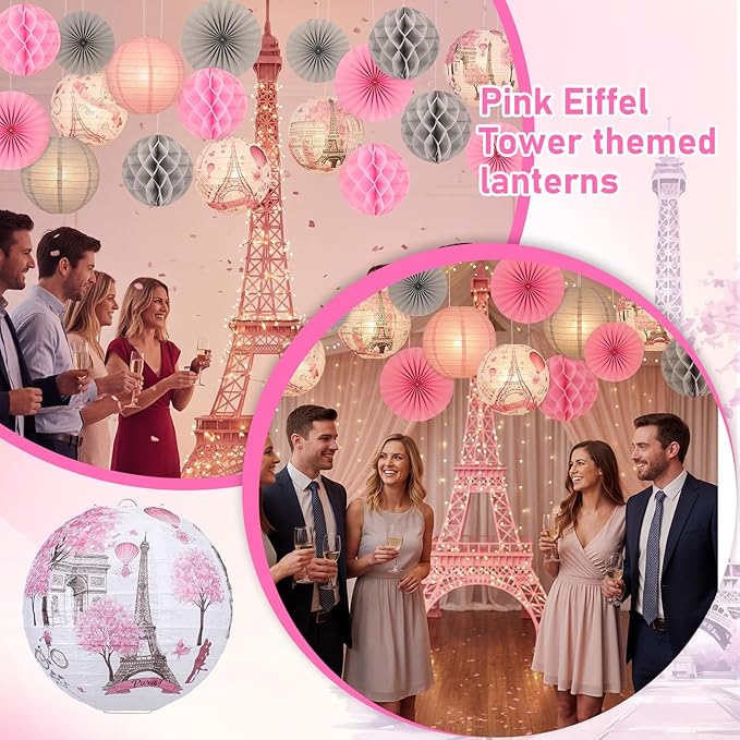 Retisee 18 Pcs Paris Party Decorations Eiffel Tower Theme Hanging Paper Lanterns Pink Grey Honeycomb Fans Honeycomb Ball for European City Landscape Pink Theme Party Birthday Ceiling Decor Supplies