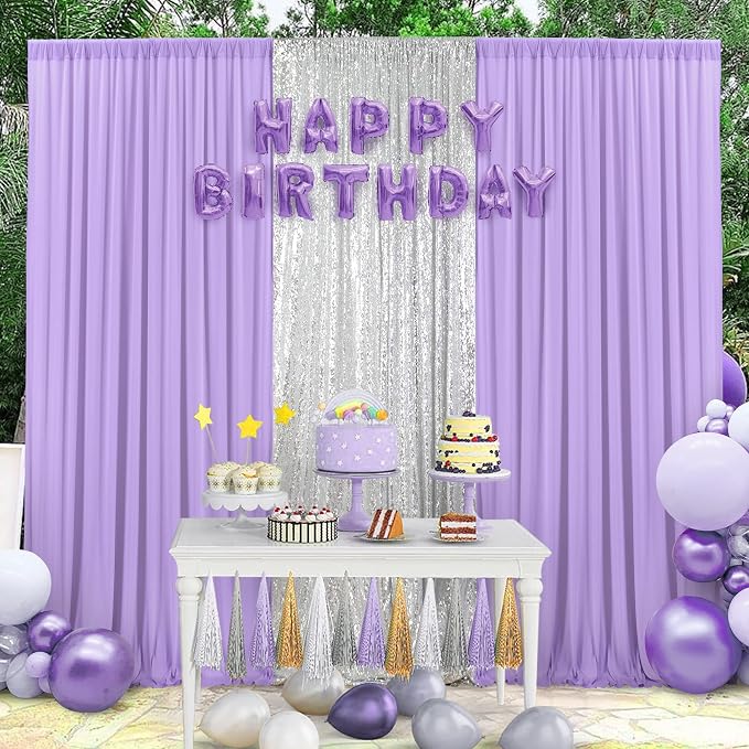 30ft×10ft Wrinkle Free Lavender Backdrop Curtain for Party, 6 Panels 5×10ft Soft Silky Polyester Purple Lilac Photo Backdrop Drapes for Birthday Baby Shower Mother's Day Wedding Photography