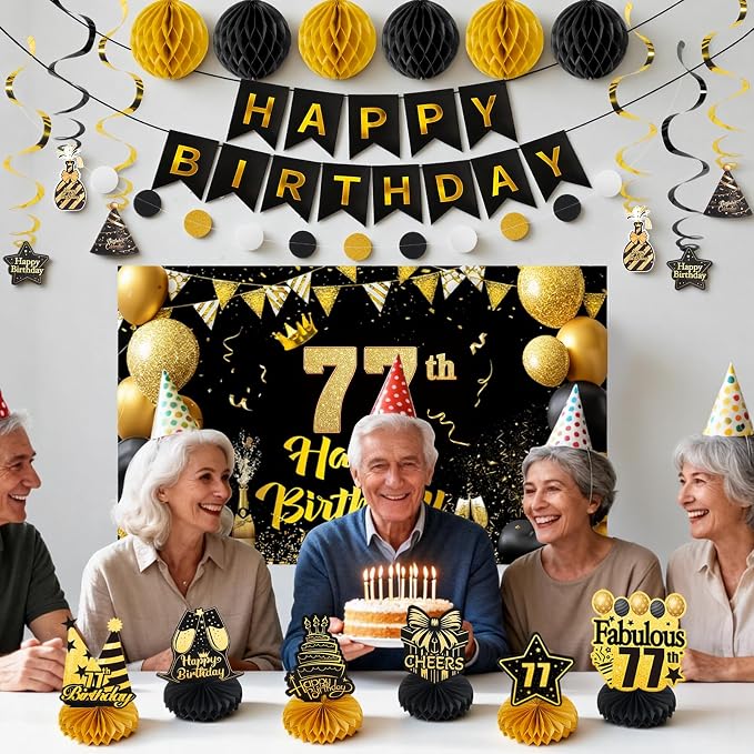Happy 77th Birthday Party Decoration: Including Birthday Banner Backdrop, Party Table Centerpieces and Hanging Swirl Party Streamers, Birthday Decor for Men and Women (Gold/Black, 77th Birthday)