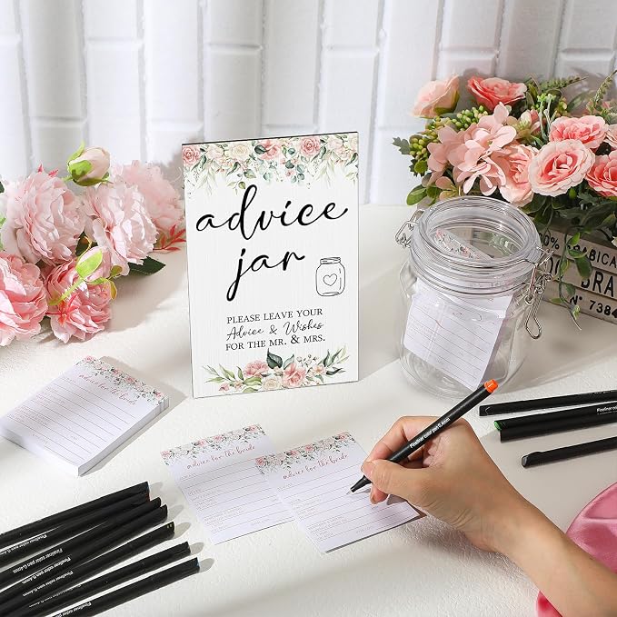 Sintuff 114 Pieces Floral Theme Bridal Shower Party Decor for Guest Include Advice and Wishes for the Mr and Mrs Wedding Advice Sign with Holder 100 Cards 12 Pens 1 Wishes Jar