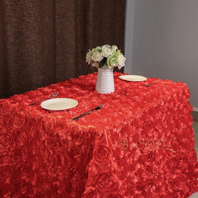 B-COOL Red Rosette Tablecloth 60x102 Inch 3D Floral Satin Table Overlay Valentines Wedding Table Cloth Red Flowers Table Fabric Celebration Birthday Rectangle Table Linen