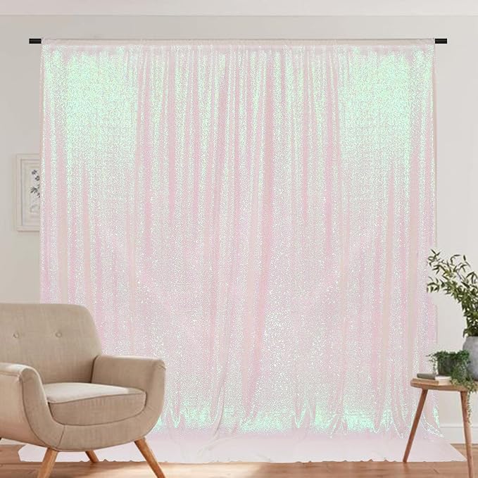 PartyDelight Iridescent White Sequin Backdrop 6x7ft 4 Inch Rod Pocket | Iridescent white 3mm sequins show pink and purple tones under light on mesh backing for photos arches stages and party walls