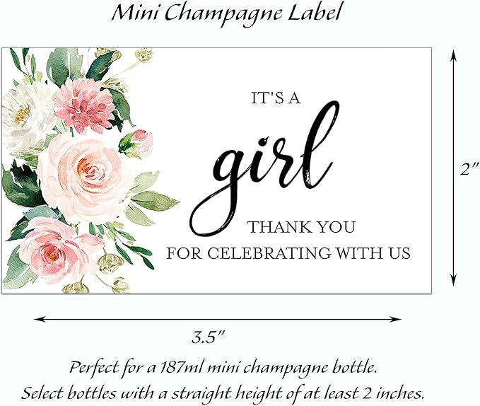 It’s a Girl Mini Champagne Bottle Labels ● SET of 12 ● Pink Baby Shower Mini Champagne Label, About to POP Thank You for Celebrating with us Favors Stickers Gender Reveal WATERPROOF (Floral)