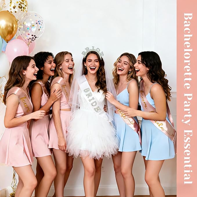Bachelorette Party Accessories Set for Bride - 9 Pcs Premium Bridal Veil, Pearl Headband, Sash & Gloves | Complete Bridal Shower Kit for Wedding & Despedida de Soltera
