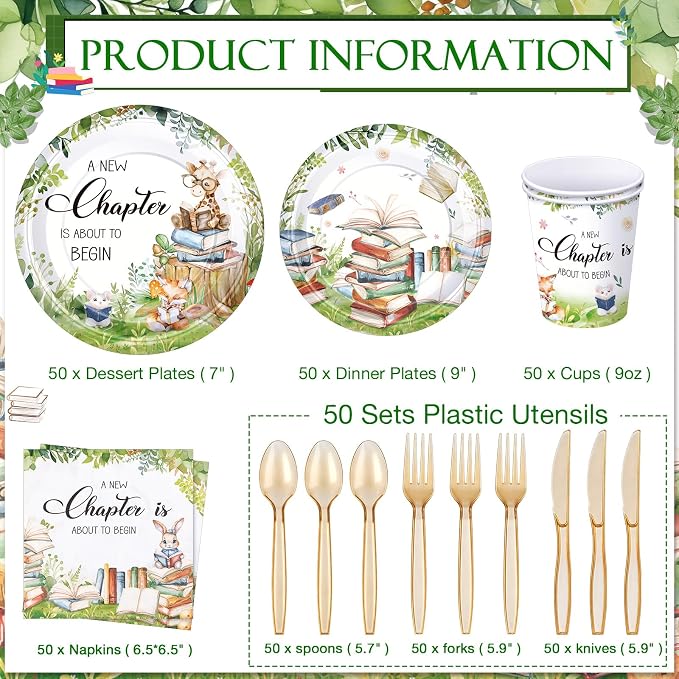 Ziliny 350 Pcs Story Book Themed Baby Shower Tableware Set, a New Chapter Is About to Begin Disposable Paper Plates Napkins Cups Woodland Animal Tableware for Gender Reveal Newborn Party Serves 50