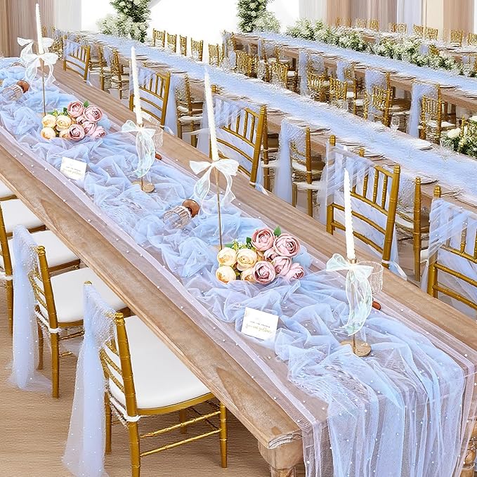 LuoluoHouse Pearl Table Runner Wedding Centerpieces: 12pcs 10ft Pearl Table Decor Tulle Chiffon Fabric for Wedding Decor Birthday Party Dining Table Cover (29x120 Inch,Baby Blue)