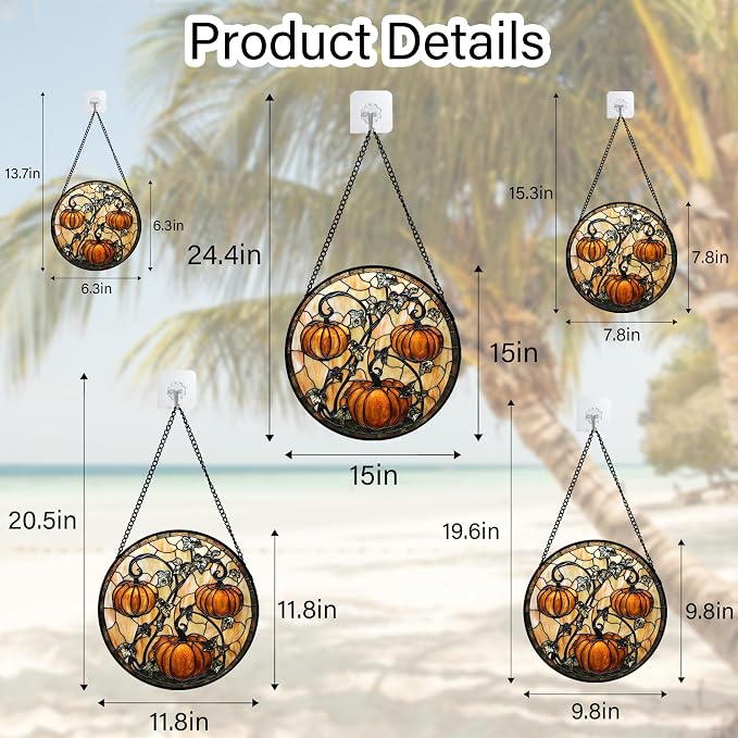 DASTOLL Stained Glass Window Hanging - Halloween Decoration Orange Pumpkin Vine Leaves Suncatcher for Door Garden Spooky Sun Catchers Gothic Decor Horror Gifts for Women Men Friend Boy Girl 11.8 in