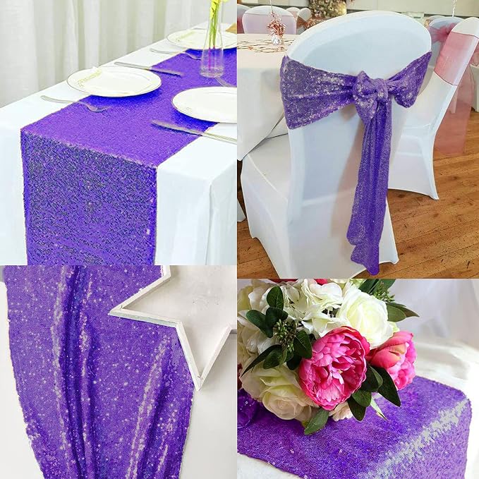 12 Packs 12 X 72 Inch Purple Sequin Table Runner Glitter Dining Table Runner for Birthday Wedding Engagement Bridal Baby Shower Bachelorette Holiday Celebration Party Supplies Decorations (Purple)