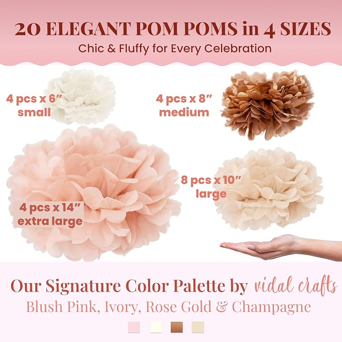 Vidal Crafts 20-Piece Boho Tissue Paper Pom Poms - Hanging Tissue Paper Flowers for Bridal Shower Decorations, Baby Shower Decorations for Girl, Wedding, Birthday Party - Assorted Sizes 6" to 14"