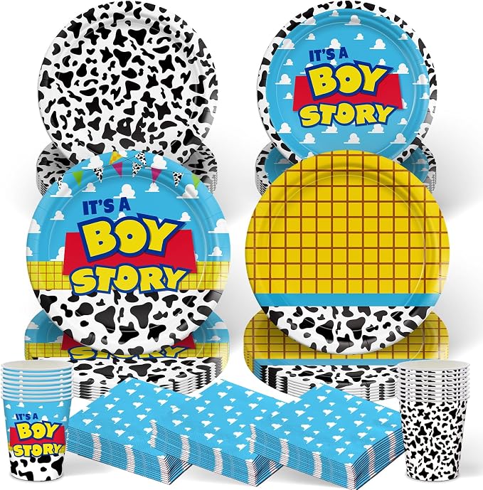 120pcs Toy Baby Shower Decorations Plates Napkins It's Boy Paper Cup Disposable Tableware Set Cartoon Baby Shower Party Kids For 30 Guests