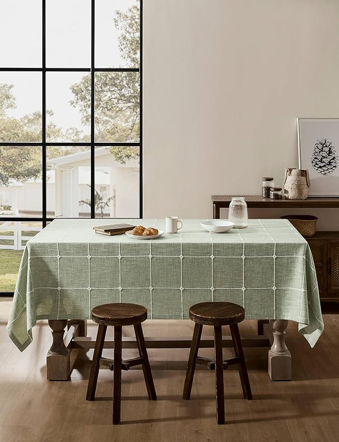 ZeeMart Grid Embroidered Hemmed Tablecloths, Green 60x120 Inch, Farmhouse Style Heavy Weight Cotton Linen Sage Green Tablecloths, Boho Plaid Water Resistant Rectangle Table Cloth