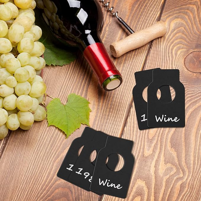200 Pieces Wine Bottle Tags Paper Cellar Label Reusable Racks Marker Wine Bottle Neck Id Tags Double Sided Bottles Hanging Tag for Seller Bridal Shower Party (Black)