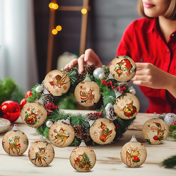 Outus 16 Pcs Christmas Tree Ball Ornaments Vintage Christmas Reindeer Decorations for Tree Colorful Xmas Decorative Hanging Ornaments for Farmhouse Home Fireplace Decoration Holiday Party Favors