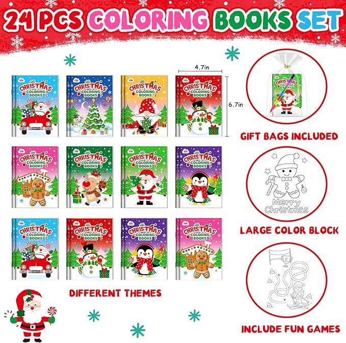 ZMLM 24 Pack Christmas Coloring Books for Kids with Crayons,Party Favors for Kids 4-8, Goodie Bags Stuffers for Toddlers, Classroom Prizes Birthday Return Gifts (Christmas)