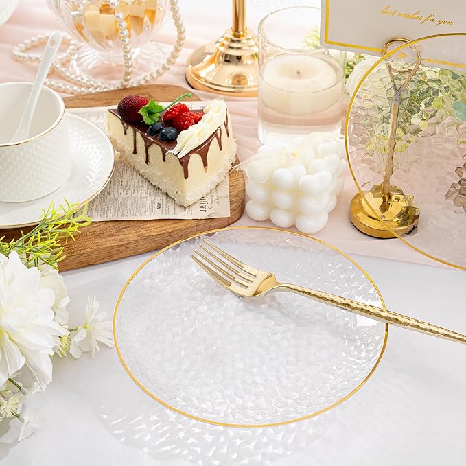 Rubtlamp 200 Pcs Clear Gold Dessert Plates 7" with Forks 7.6",Clear Plastic Hammered Platos, Dessert Plates Disposable, Heavy Duty Party Platos Include 100platos and 100forks for Party&Birthday